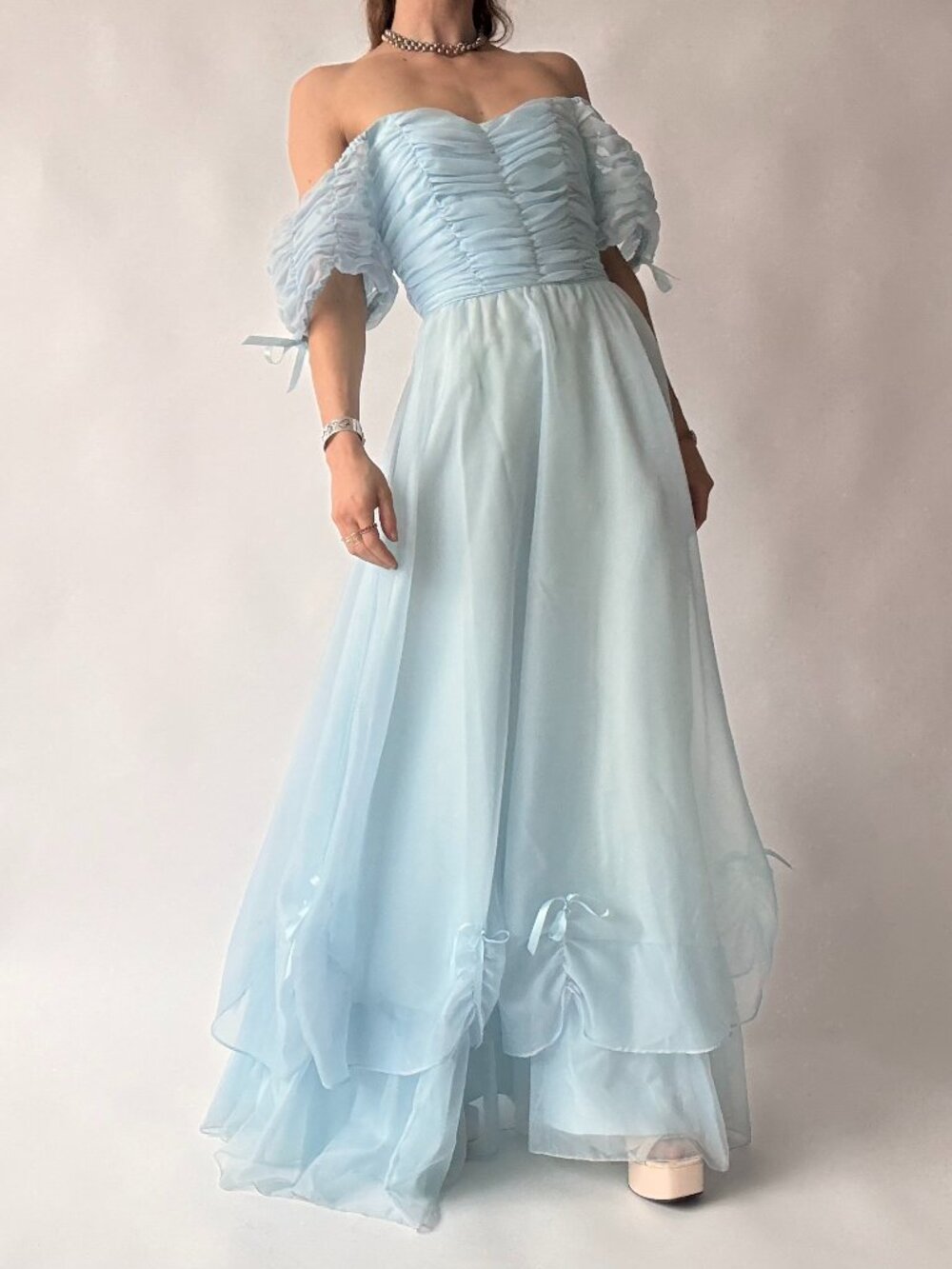 Roberta of California Vintage Powder Blue Ruched Off-Shoulder Gown
